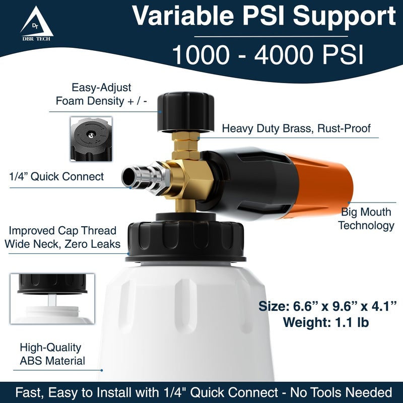 DBR Tech Foam Cannon for Pressure Washer, 1.1mm Orifice, 1000-4000 PSI, 1/4 Inch Quick Connector, Wide Neck and Adjustable Spray, Heavy Duty Car Snow Foam Blaster for Superior Foaming & Deep Clean, Orange - Image 2